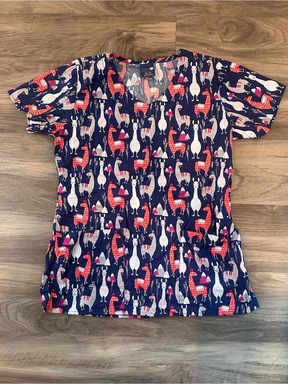 Wink Navy V-Neck Tunic with Red and Cream Llama Print